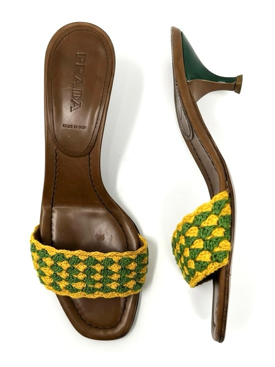 Prada Shoes - Vintage Prada Green Yellow Crochet Raffia Kitten Heels Slides Sandals 37.5 7.5